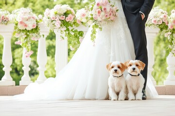 Wedding Bliss with Canine Companions: Bride and groom celebrate their union, accompanied by two adorable dogs, amidst a charming floral setting.