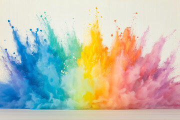 Rainbow colored powder exploding on white background