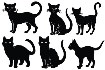 Six Silhouettes of Black Cats in Various Poses A Vector Illustration Set