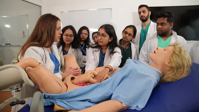 Medical students learning vital childbirth skills through hands-on practice with a realistic simulation mannequin