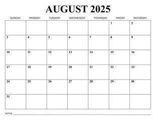 Monthly Calendar August 2025 Vector Design
