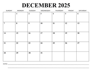 Monthly Calendar December 2025 Vector Design