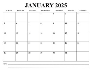 Monthly Calendar January 2025 Vector Design