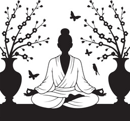 Peaceful Yoga and Meditation Silhouette in Nature | Black and White Spiritual Artwork