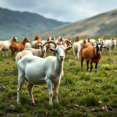 Obraz premium Photorealistic Flock of Goats Grazing Peacefully in Natural Landscape