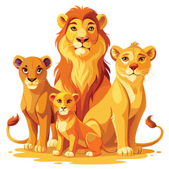 Watercolor Illustration of a Lion Family Group with Cubs and Proud Lion