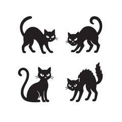 Black Cat Silhouette Icons in Creepy Halloween Poses