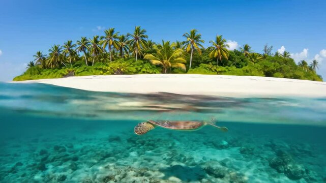 Split shot of a sea turtle swimming in crystal clear blue water, half underwater and half above with a tropical island in the background.
