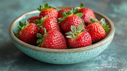 Vibrant Collection of Fresh Strawberries Displayed in an Rustic Turquoise Bowl Ready to be Consumed