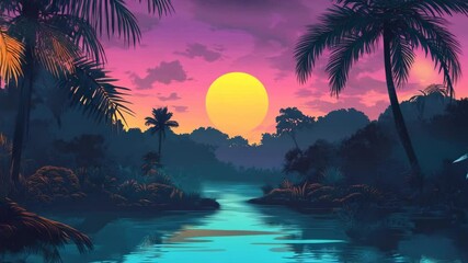 Twilight jungle with glowing leaves, neon rivers, and a turquoise moon softly illuminating the canopy - Powered by Adobe