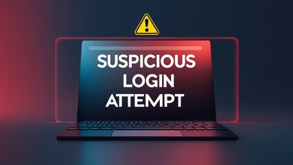 A modern laptop displaying a warning for a suspicious login attempt, illuminated by a red and blue glow.