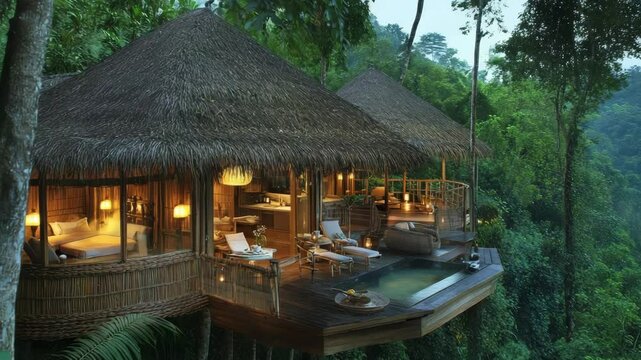 Tropical treehouse retreat with thatched roof, bamboo railings, open-air kitchen, and surrounding lush jungle foliage
