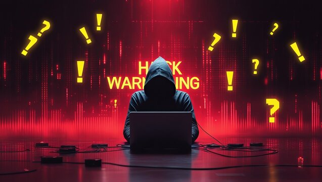 A mysterious hooded figure working on a laptop against a red backdrop with warning symbols, conveying a sense of cybersecurity threat.
