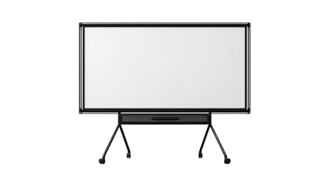 A large, blank interactive whiteboard on a mobile stand with adjustable legs and wheels, ready for presentations or collaborative work