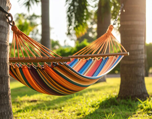 A colorful Paraguayan hammock made from handwoven cotton strings tied between two palm trees.