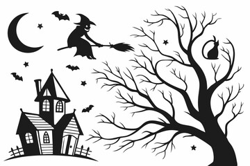 halloween,spooky,haunted house,bare tree,moon,bats,silhouette,dark,monochrome,gothic,vector art
