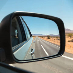 Reflection of a deserted highway in the side mirror of a car under a clear blue sky