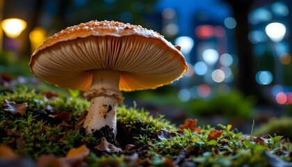 Fototapeta premium an unusual yet striking sight: a single, brightly lit mushroom with a vibrant orange cap, standing o