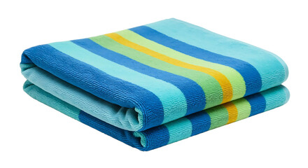 Folded Striped Beach Towel in Blue Green and Yellow isolated on Transparent Background