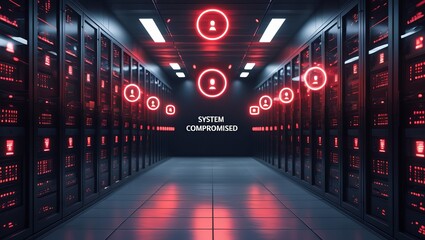 Futuristic data center featuring red warning icons indicating a system compromise, creating an atmosphere of urgency and concern.