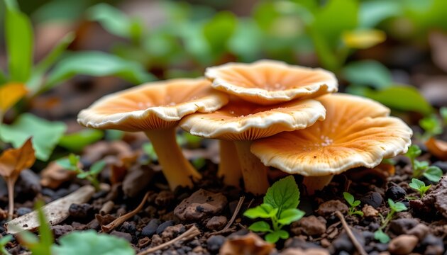 a vibrant cluster of fungi in an outdoor setting, possibly a forest or garden environment, with thei