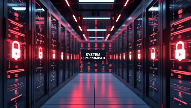 A dark, futuristic server room illuminated in red with a warning sign reading 'SYSTEM COMPROMISED'.