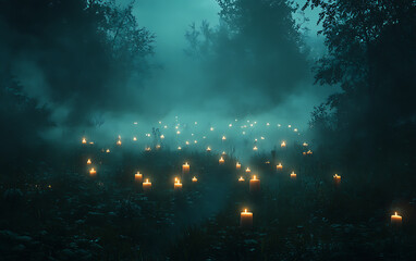 Enchanted Forest Candles Glow in Mystical Fog