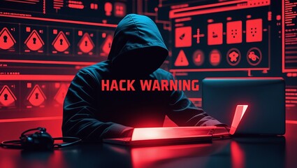 A hooded figure, possibly male, engrossed in hacking amidst a backdrop of red digital warnings.
