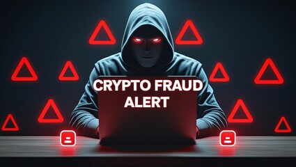 A mysterious hooded figure with glowing eyes warns of crypto fraud, surrounded by red alert symbols.