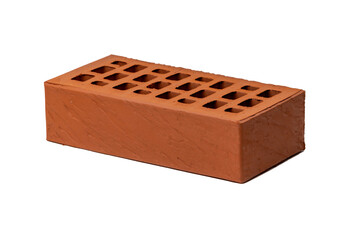 Red clay brick block with holes for construction and building projects on white isolated background