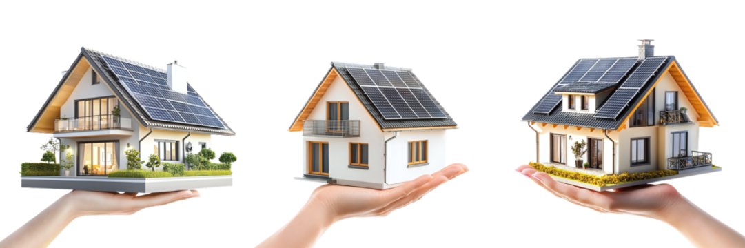 Model of a private house with solar panels in a female hand isolated on transparent background, PNG set