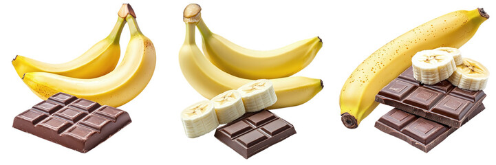 Set of ripe bananas with chocolate bar isolated on transparent background PNG