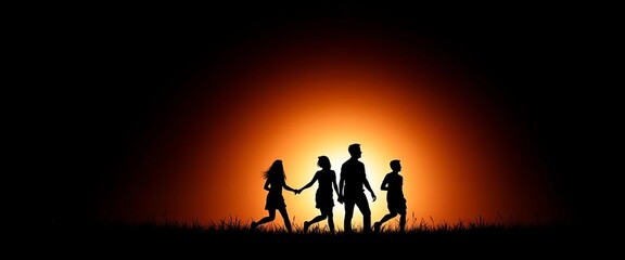 Obraz premium Silhouette of a family enjoying a fun day, against a black background, background, dark