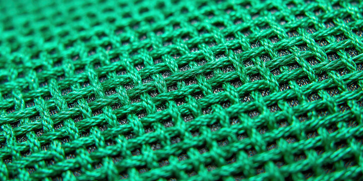Green mesh fabric displays precise geometric grid pattern through technical textile construction
