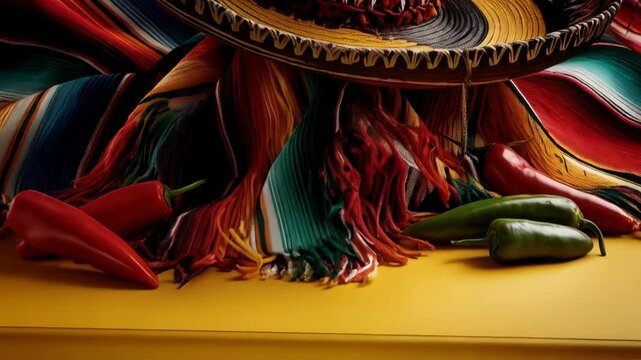 Still life featuring a Mexican sombrero hat, a colorful striped serape blanket and an assortment of chili peppers on a yellow surface
