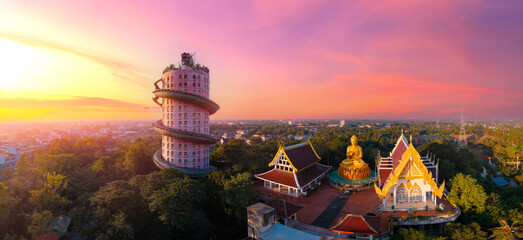 Panorama buddhist temple thailand at sunset, pink Wat samphran with dragon encircled
