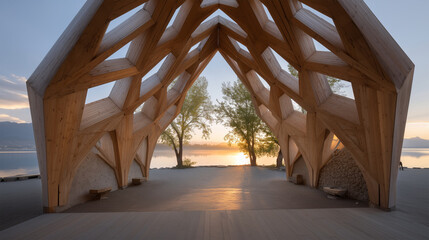 Fototapeta premium Sustainable architectural marvel under a glowing desert sunrise