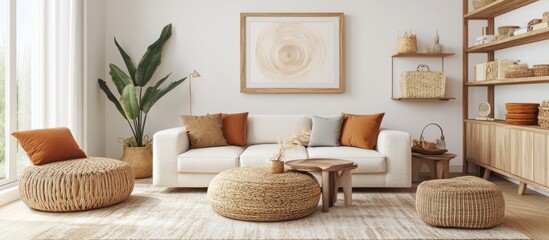 Warm and inviting bohemian living room interior with natural textures and tones
