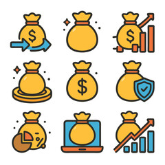 Colorful Flat Icons Representing Financial Growth and Investment