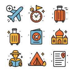 Colorful Travel Icons Set: Airplane, Suitcase, Passport, Clock, Tent, and Map