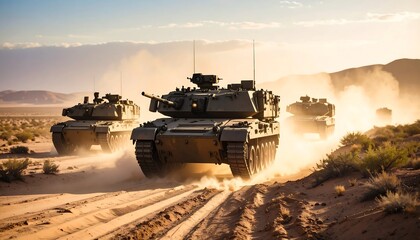Military Convoy Moves Through A Desert Sandstorm Under Warm Sunlight