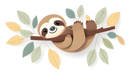 Cute Cartoon Sloth Sleeping on Branch with Leaves