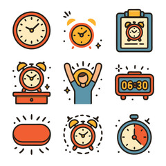 Colorful Alarm Clock and Time Management Icons Illustration