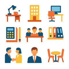 Colorful Office Icons Set: Business Meeting, Workplace Collaboration, and Corporate Teamwork