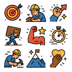 Diverse Workers Icons: Goal Setting, Strength, Time Management, and Heart