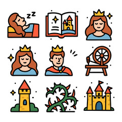 Fairytale Princess and Prince Icons: Cartoon Illustrations of Castle, Crown, Sleeping Beauty, and Rose Bush
