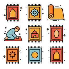 Colorful Line Art Prayer Rug Icons Set