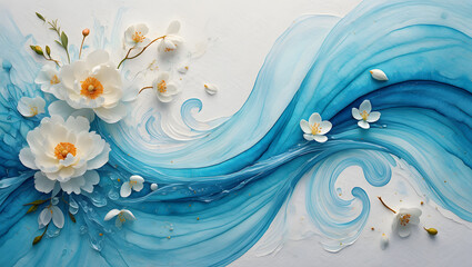 Abstract Floral Watercolor Wave Background - White Flowers and Blue Swirls