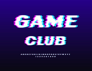 Vector Modern logotype Game Club. Glitched Pixels Font. Digital Error Alphabet Letters and Numbers set