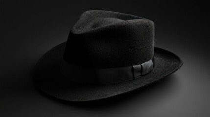 Dark, black fedora hat on dark background.